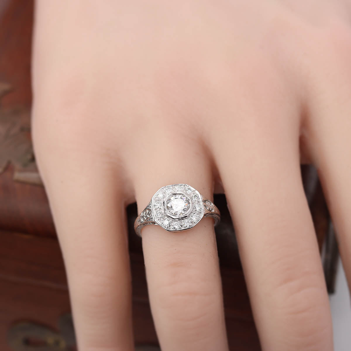 Replica Art Deco Diamond Halo Engagement Ring #1316-17