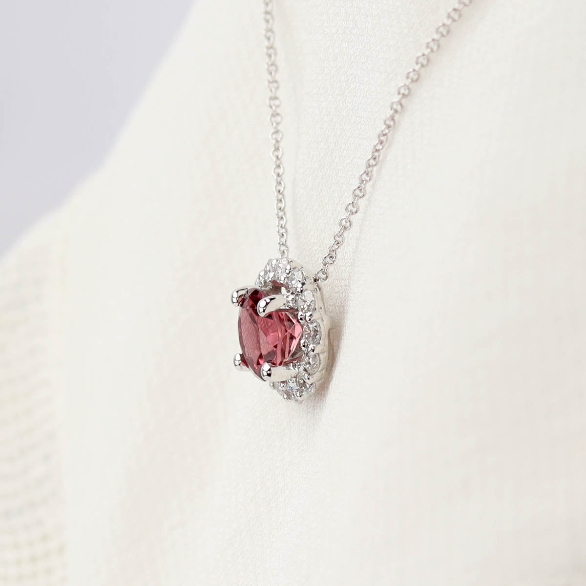 Pink Tourmaline and Diamond Halo 14k Gold Pendant Necklace #LN3768