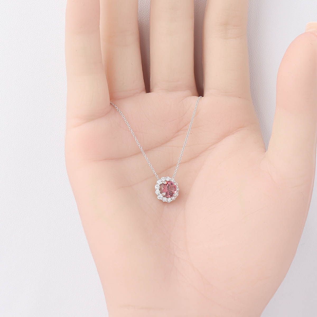 Pink Tourmaline and Diamond Halo 14k Gold Pendant Necklace #LN3768