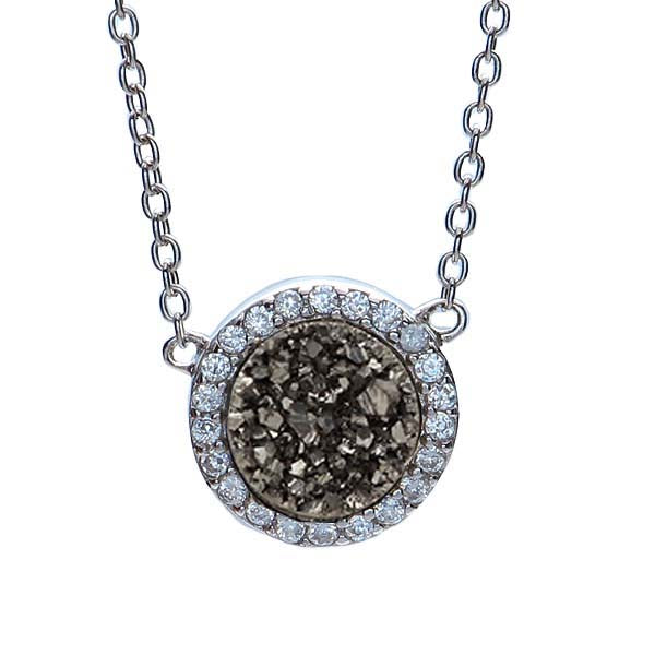 Smoky Druzy Quartz Pendant with CZ accents in Sterling Silver #NK851-S