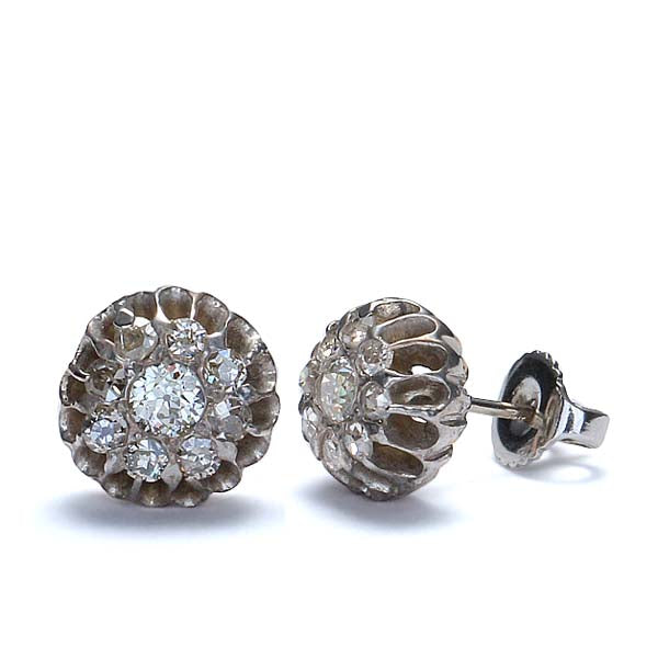Vintage Edwardian Diamond Cluster earrings in 14k white gold. #R424-13