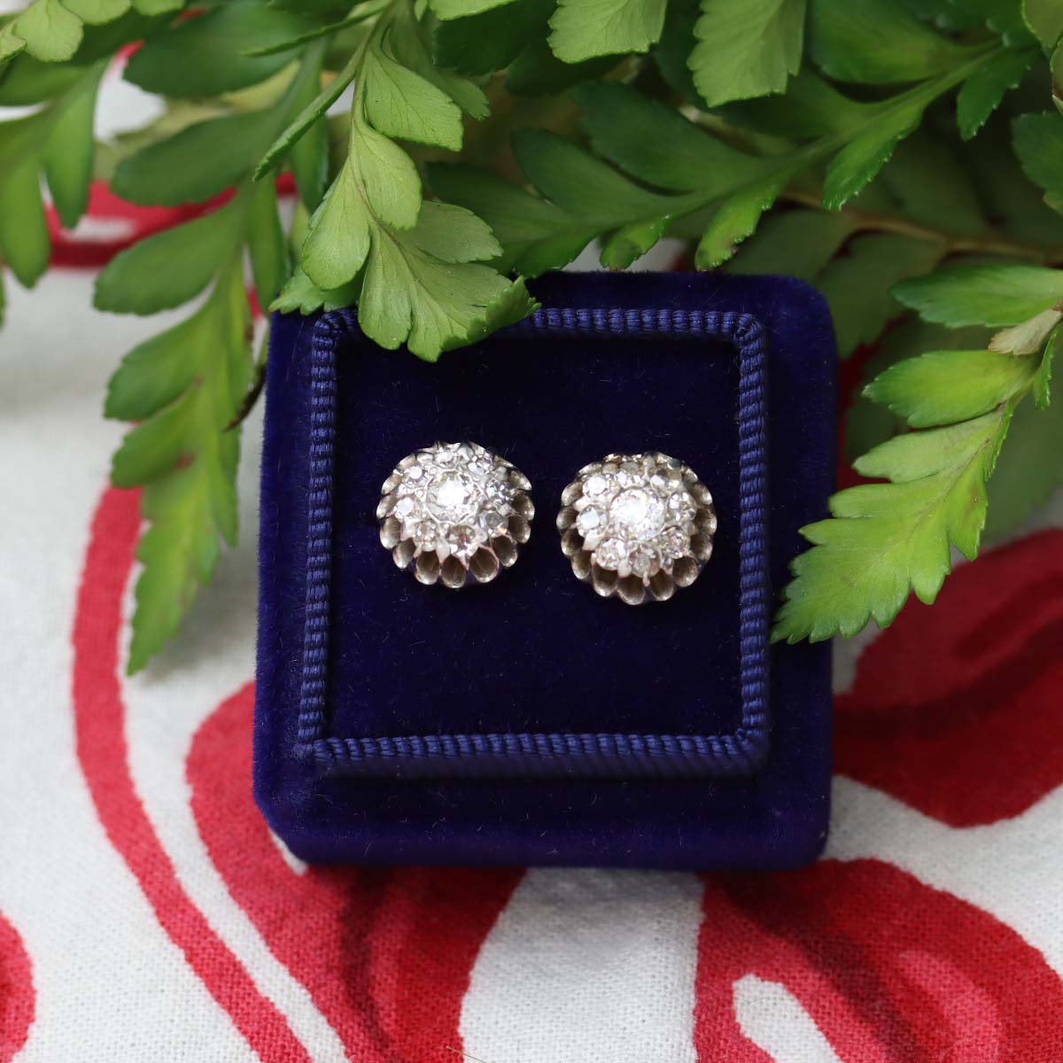 Vintage Edwardian Diamond Cluster earrings in 14k white gold. #R424-13