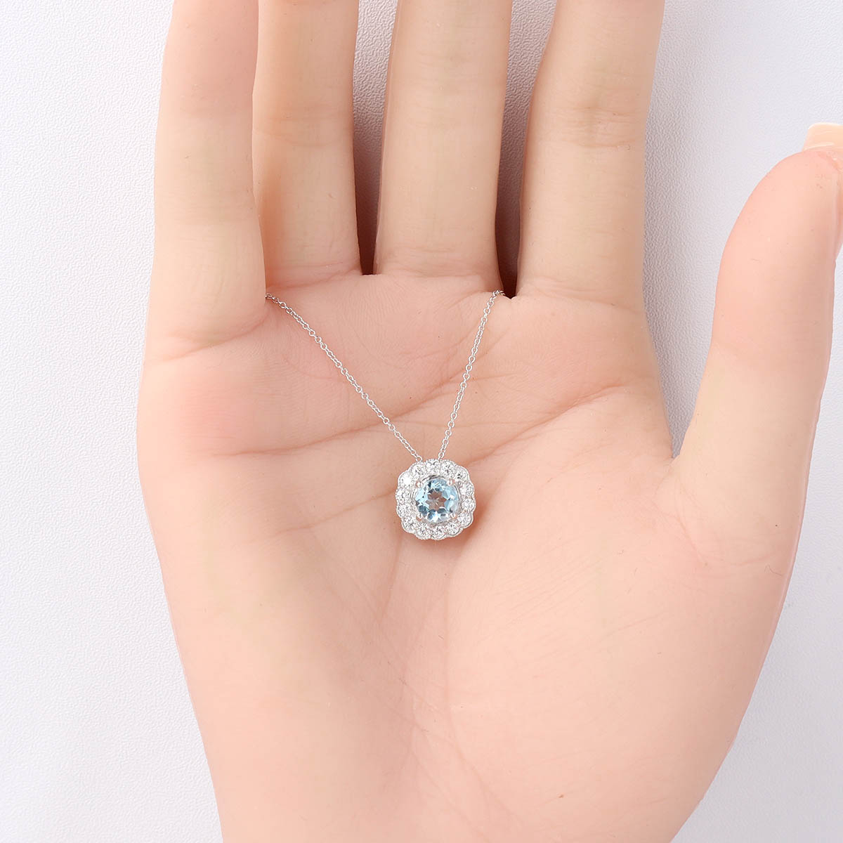 Aquamarine and Diamond 18k White Gold Halo Pendant #SM1109W-1
