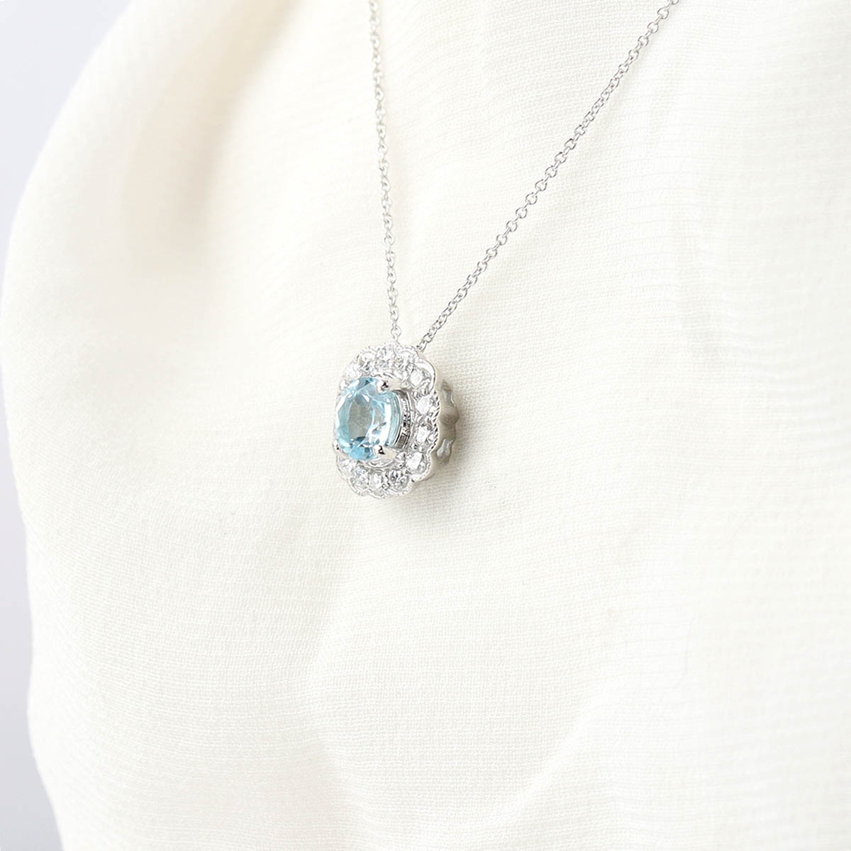 Aquamarine and Diamond 18k White Gold Halo Pendant #SM1109W-1