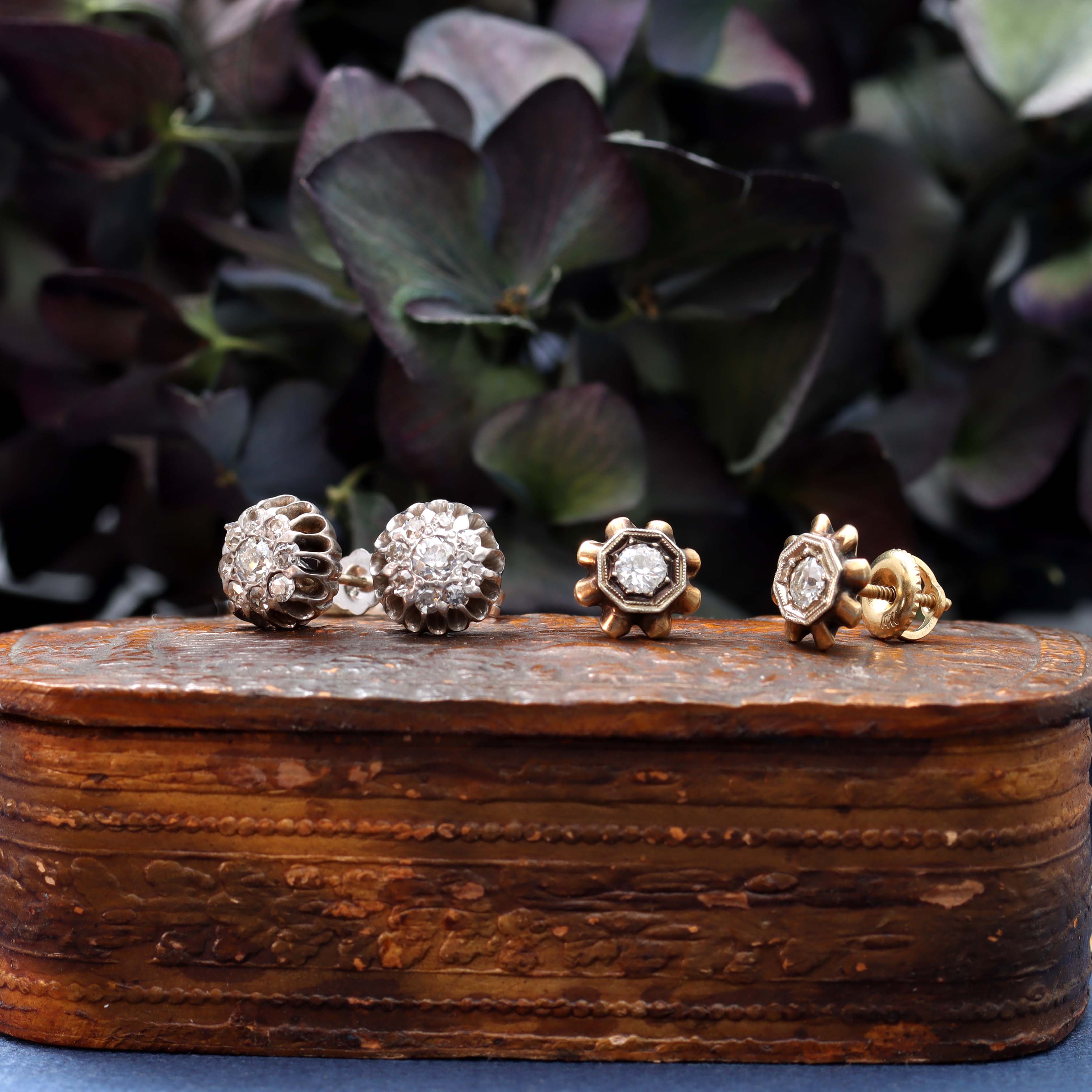 Vintage Edwardian Diamond Cluster earrings in 14k white gold. #R424-13