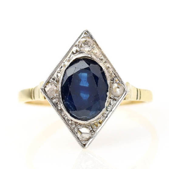 Art Déco Oval Sapphire & Rose Cut Diamond Ring #VR260611-3