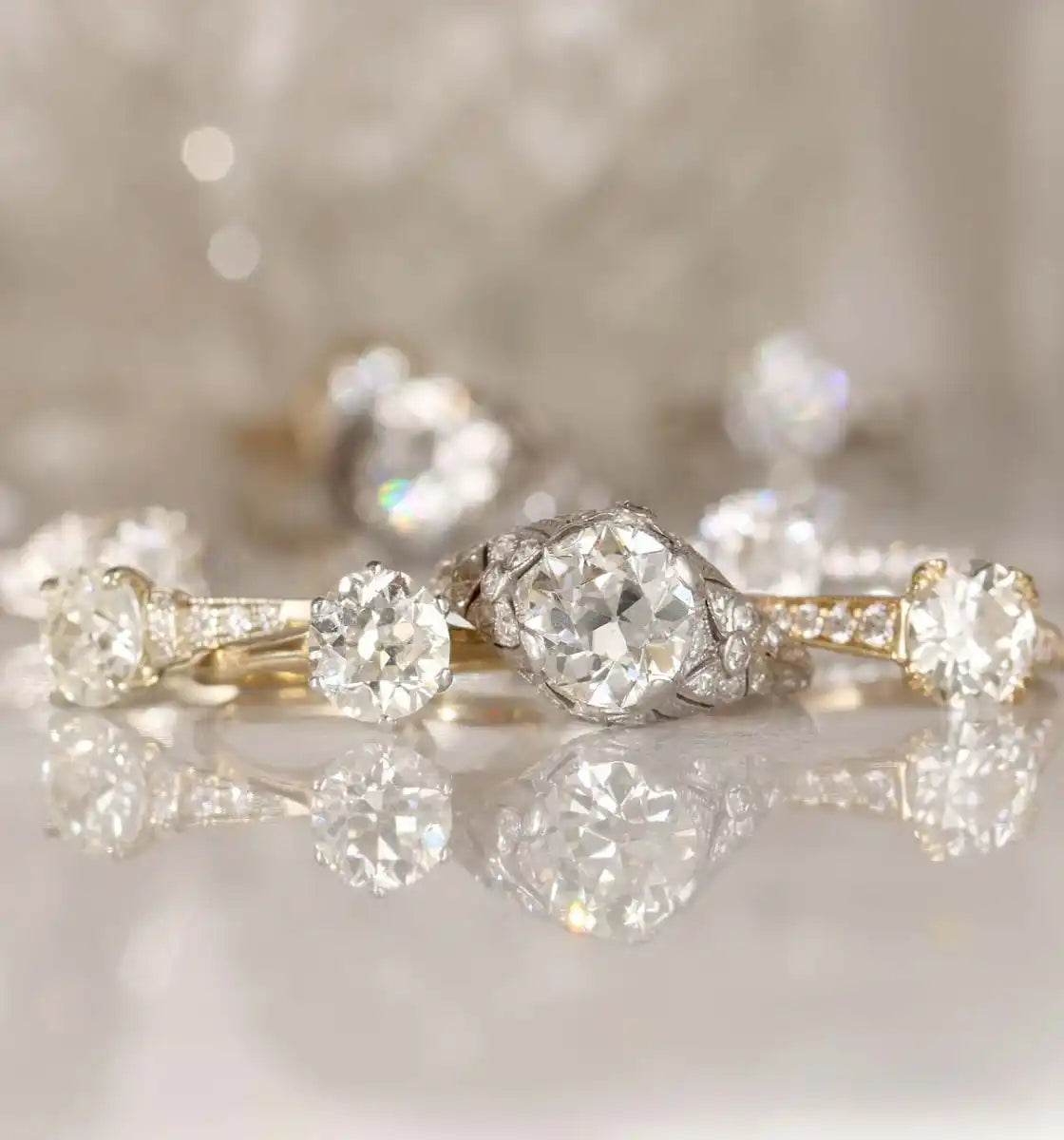 Sparkling diamond engagement rings with vintage-style settings.