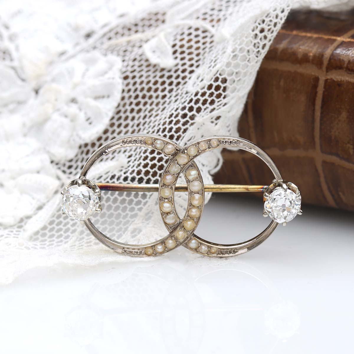 Edwardian Diamond and Pearl Double Circle Pin #VP1206C - Pin