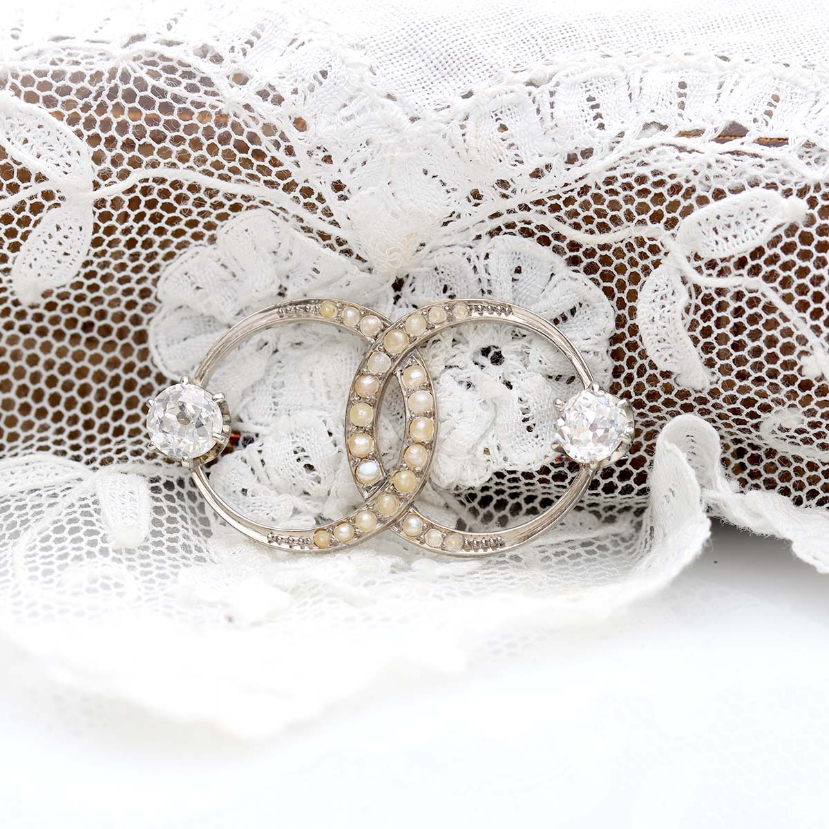 Edwardian Diamond and Pearl Double Circle Pin #VP1206C - Pin