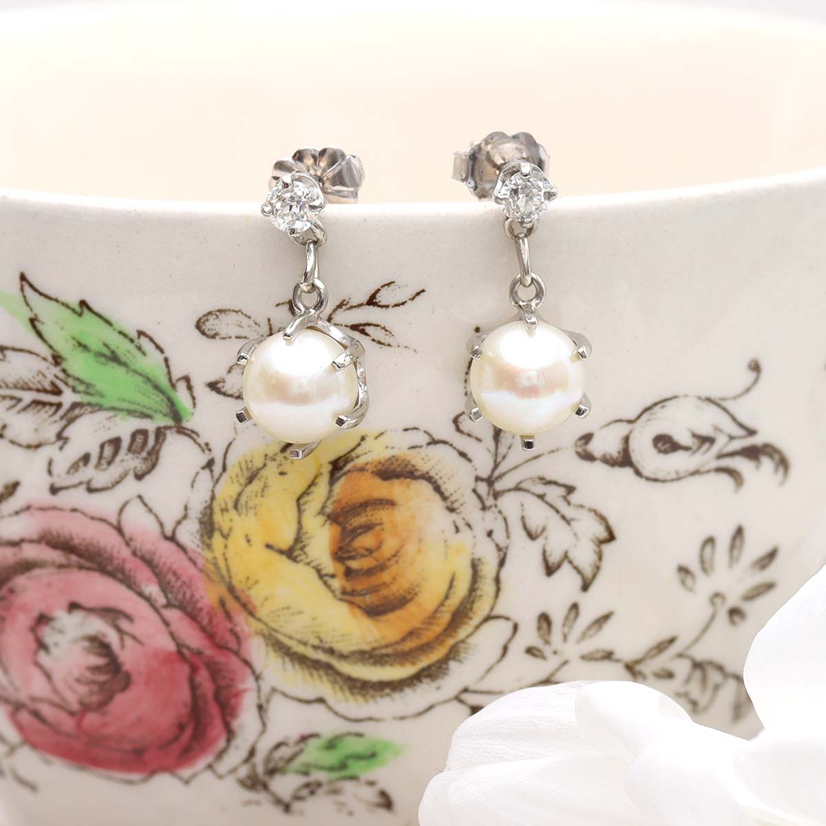 Late Art Déco Diamond and Pearl Earrings #VE566-06 - Earrings