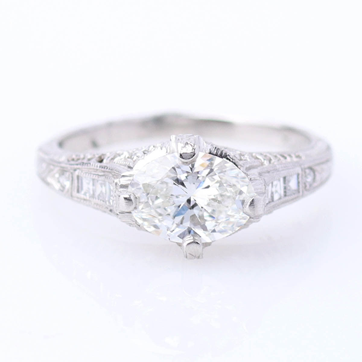 Oval Cut Art Déco Reproduction Platinum Engagement Ring #3098-2 - Engagement Rings