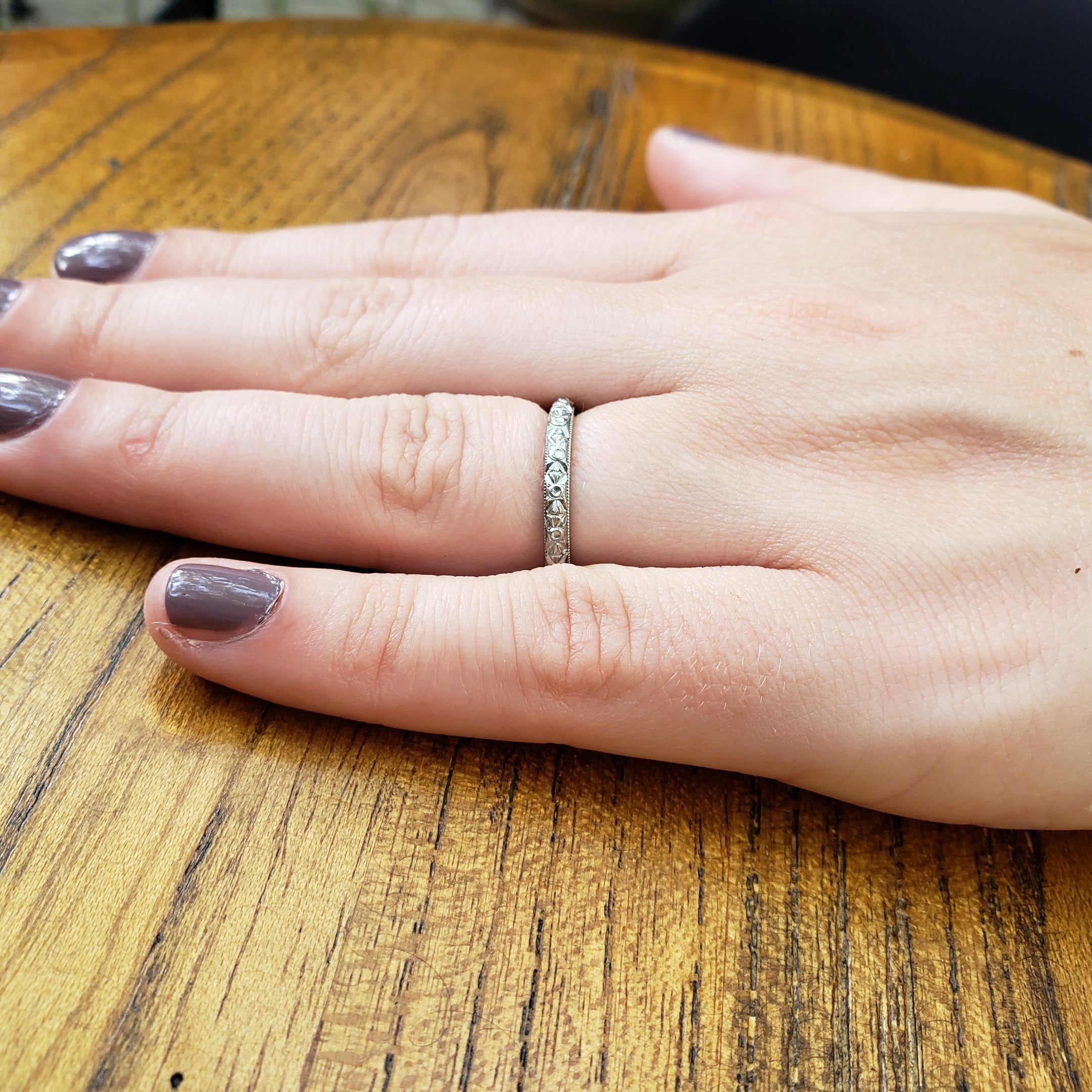 Platinum Art Déco Repoussé Band #VB180111-5 - Wedding Bands