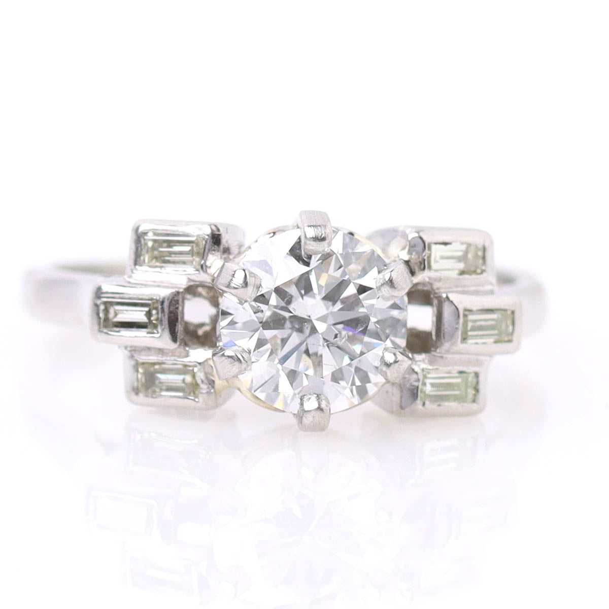 Retro Platinum Engagement Ring with Baguettes #VR21118-3 - Engagement Rings