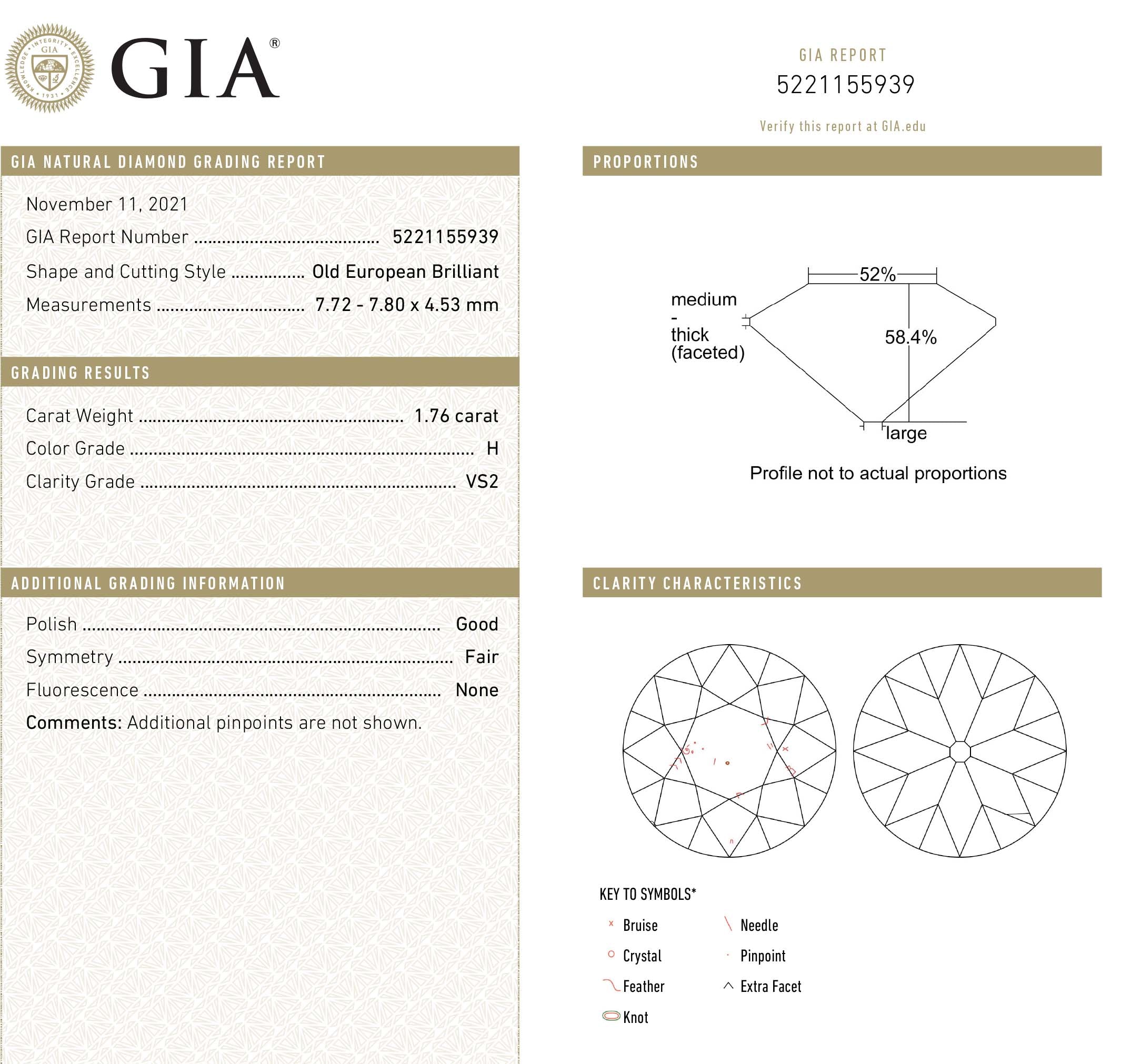 Old European Cut Diamond 1.76 carats H VS2 GIA #D220622-1