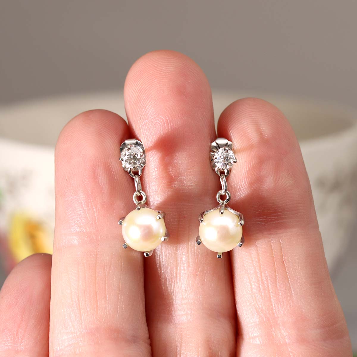 Late Art Déco Diamond and Pearl Earrings #VE566-06
