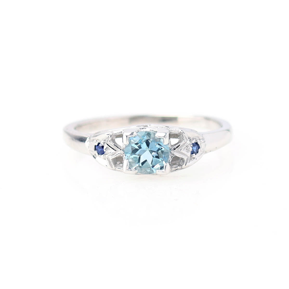 Platinum Art Deco Inspired Aquamarine and Sapphire Engagement Ring #2306-1