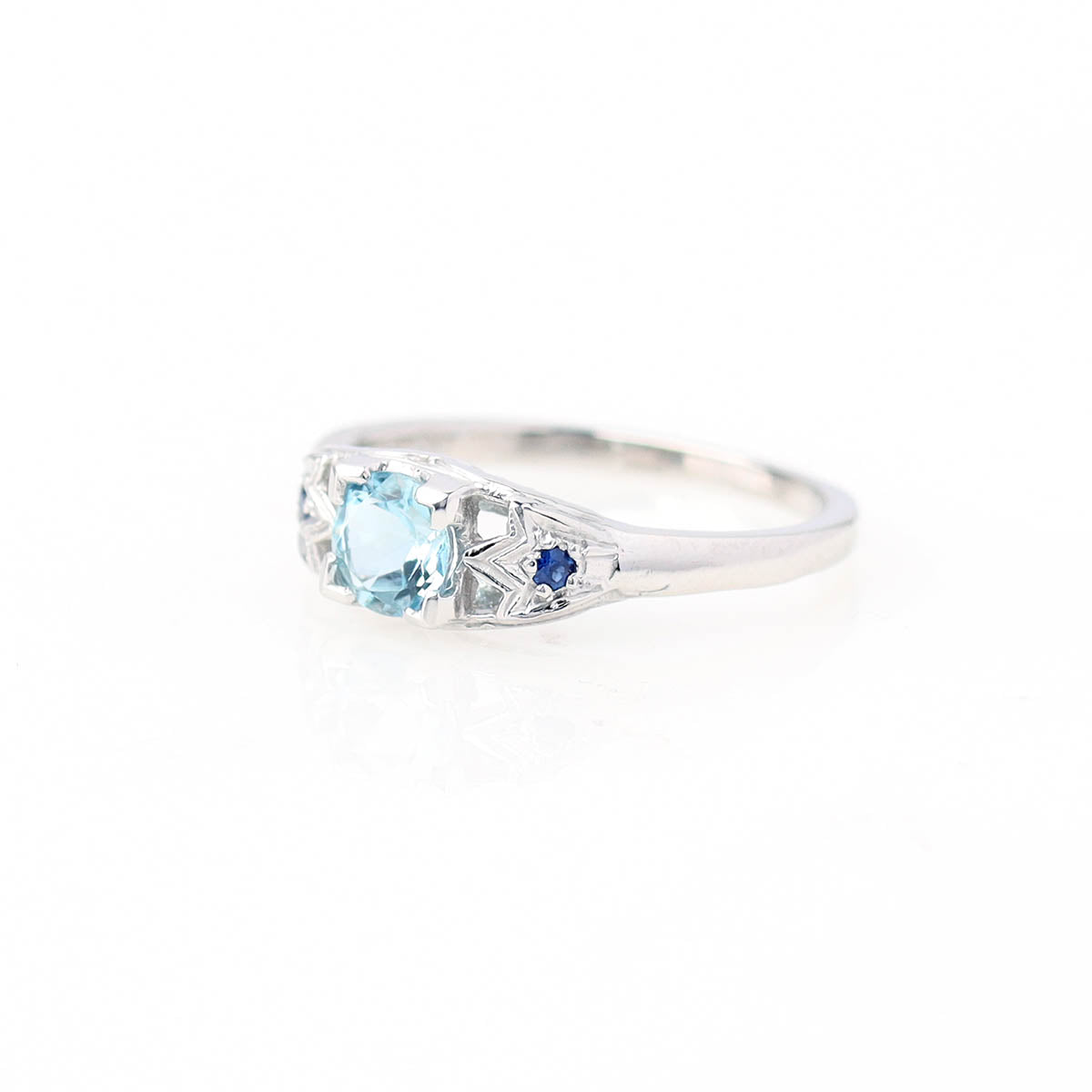 Platinum Art Deco Inspired Aquamarine and Sapphire Engagement Ring #2306-1