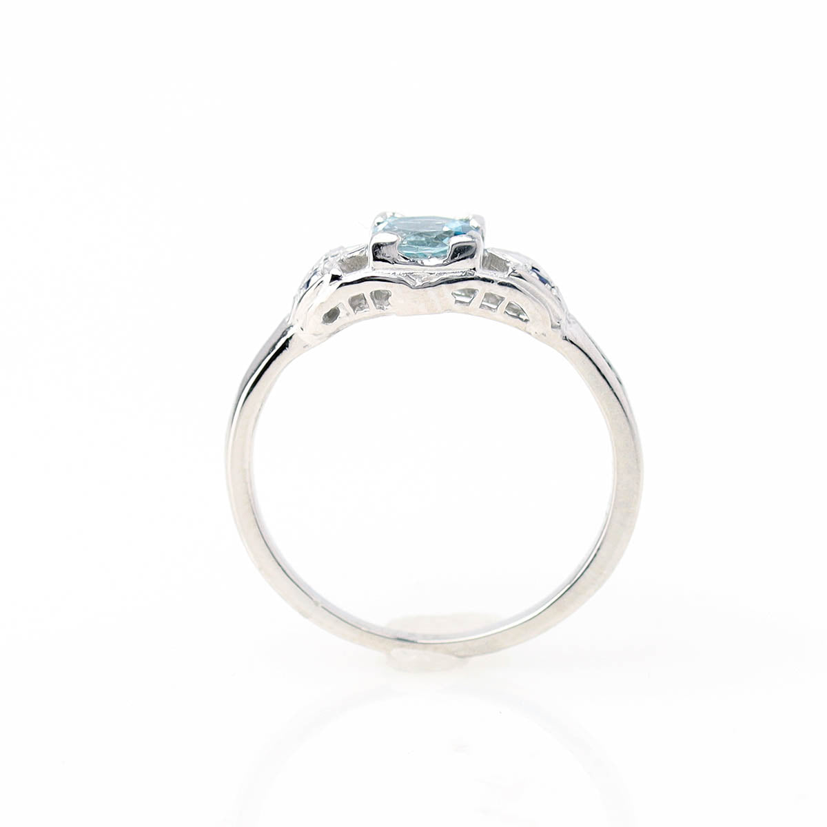 Platinum Art Deco Inspired Aquamarine and Sapphire Engagement Ring #2306-1