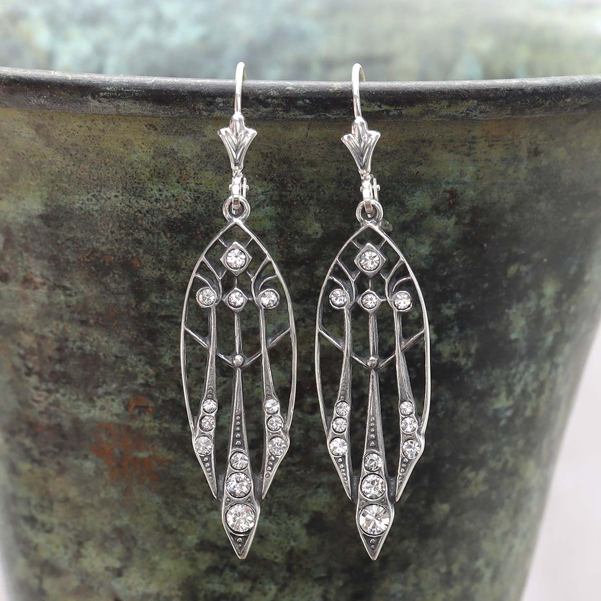 Art Déco Inspired Crystal and Sterling Drop Earrings #79044-01