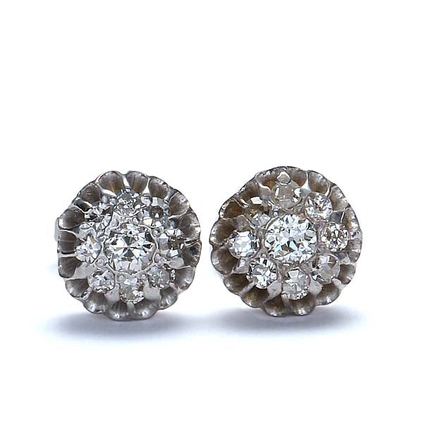Vintage Edwardian Diamond Cluster earrings in 14k white gold. #R424-13