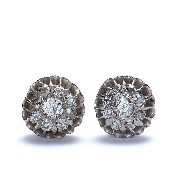 Vintage Edwardian Diamond Cluster earrings in 14k white gold. #R424-13