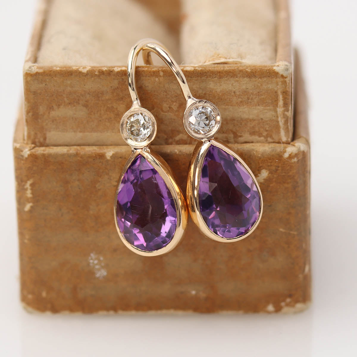 Antique Pear Shape Amethyst & Diamond Drop Earrings #VE260622