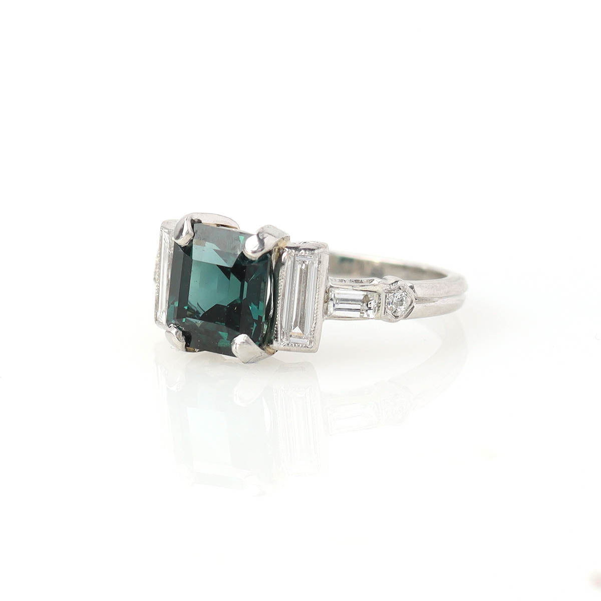 Art Deco Ring with Emerald Cut Green Sapphire #VR250225-4