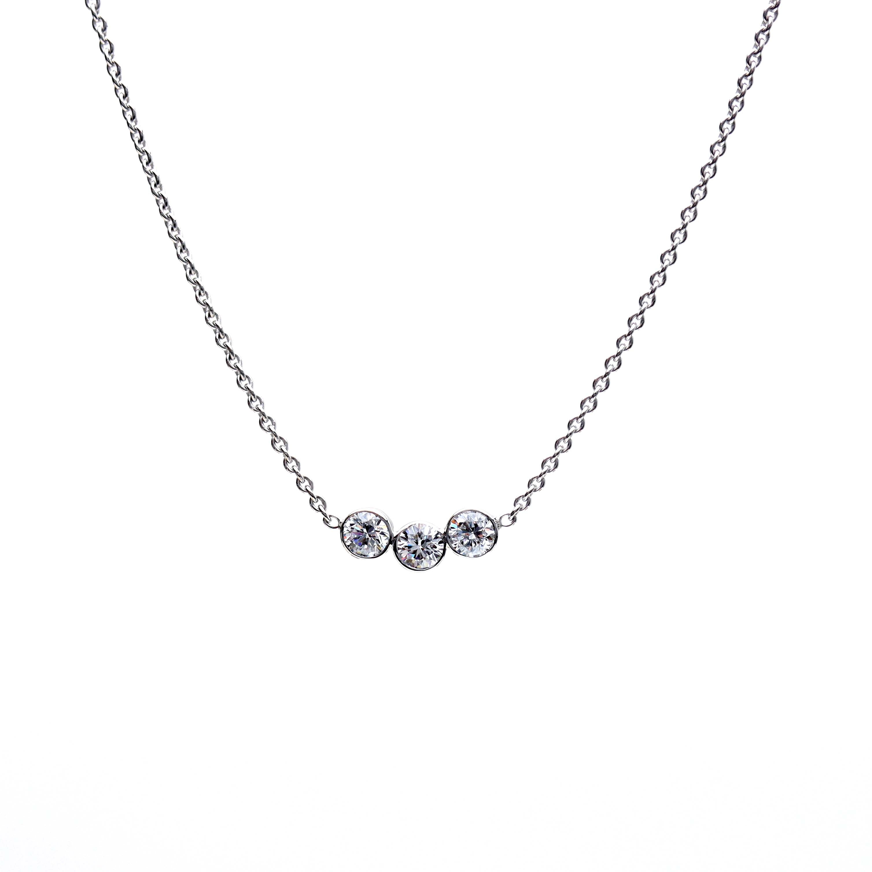 Bezel Set White Gold Three Stone Necklace -.33 carat total - Necklaces