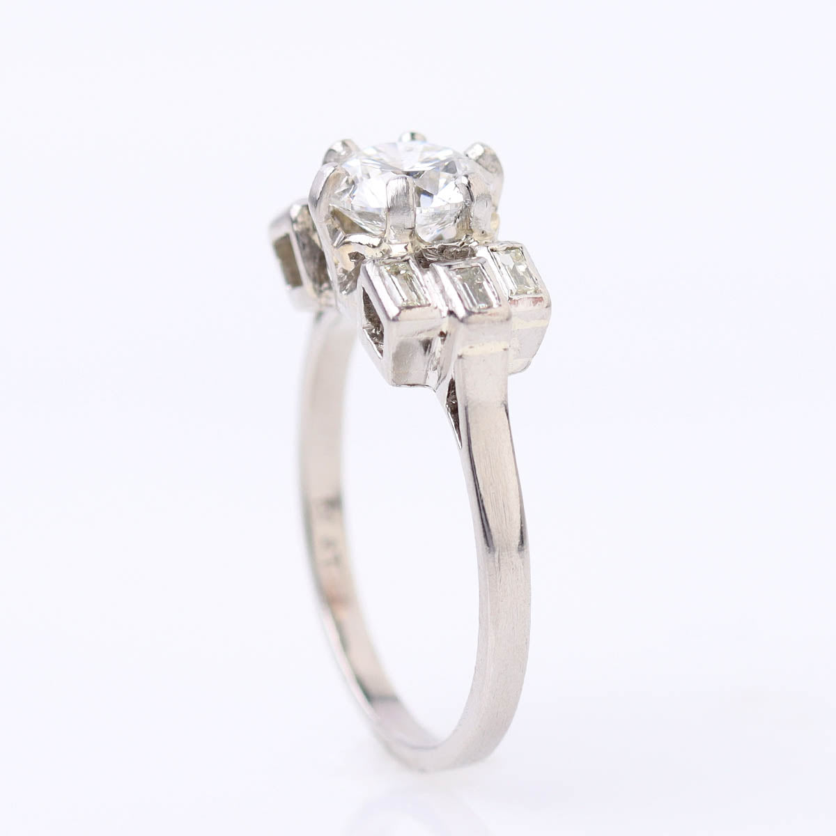 Retro Platinum Engagement Ring with Baguettes #VR21118-3 - Engagement Rings