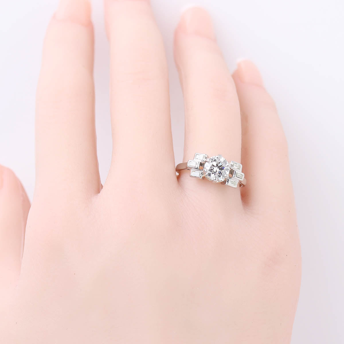 Retro Platinum Engagement Ring with Baguettes #VR21118-3 - Engagement Rings