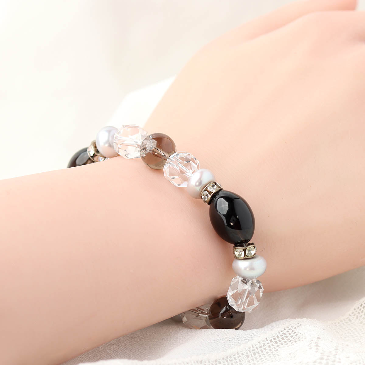 Smokey Quartz & Freshwater Pearl Bead Bracelet #LB1989