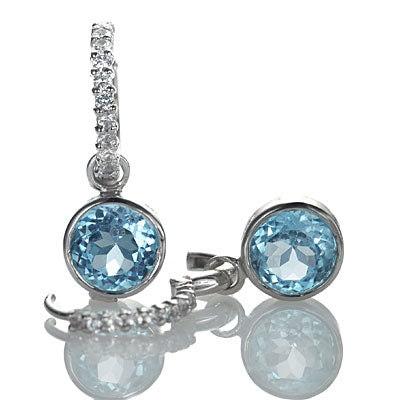 Sterling Silver Hoop and Charm Blue Topaz Earrings #7115E-BTWS - Earrings