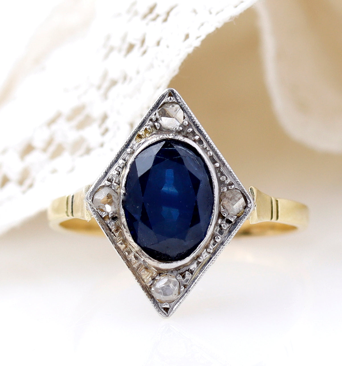 Art Déco Oval Sapphire & Rose Cut Diamond Ring #VR260611-3