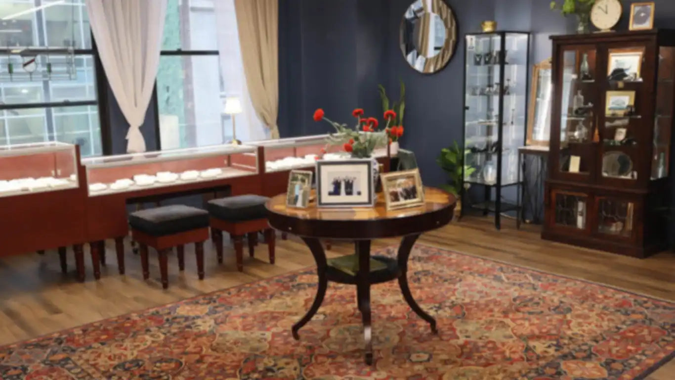 A well-appointed jewelry store interior.