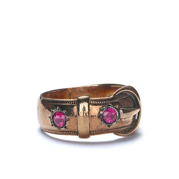Vintage 14k  gold buckle ring with Synthetic rubies #VR0515-02 - Leigh Jay & Co.