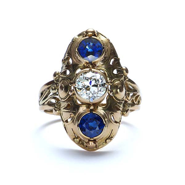 Arts-Crafts Diamond and Sapphire Ring. #VR160630-06 - Leigh Jay & Co