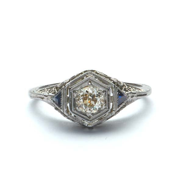 wg filigree ring with triangle sapphires #VR180726-3 - Leigh Jay & Co.