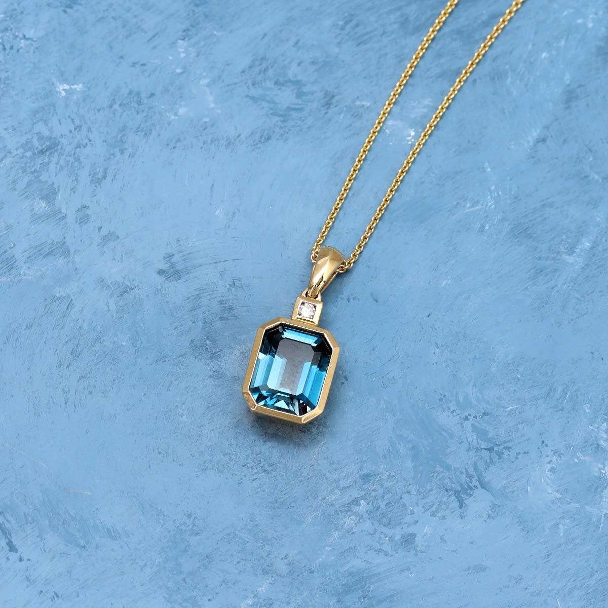 Emerald Cut London Blue Topaz and Diamond Necklace #N3486