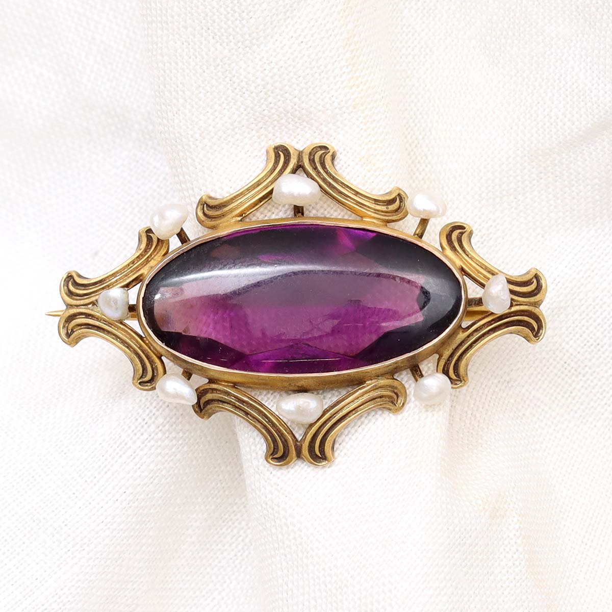 Antique 10k gold pin with seed pearls and purple cabochon quartz #Pin-05